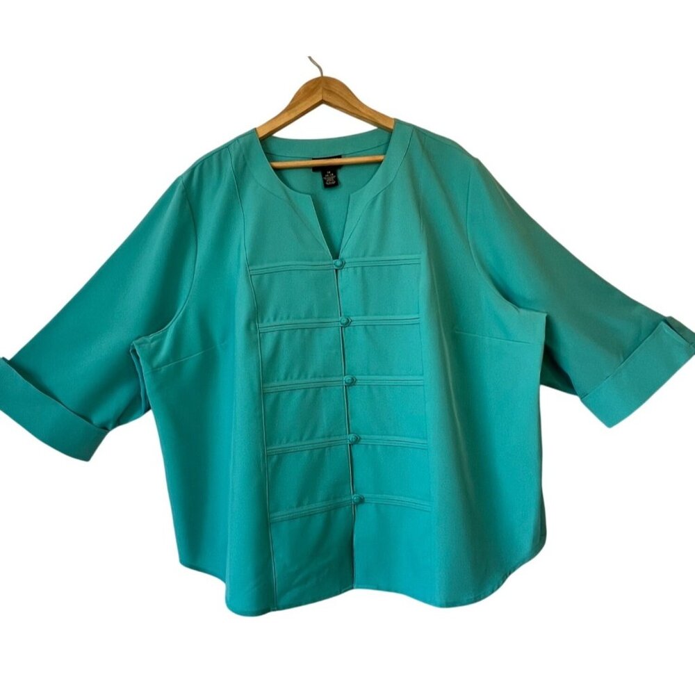 Maggie Barnes 3X Turquoise Button Front Blouse 3/4 Sleeves Cuffed Detail